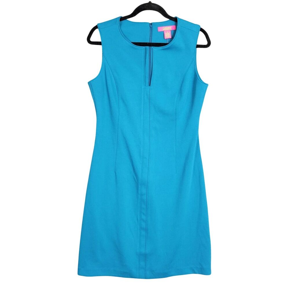 NWT CATHERINE MALANDRINO MCD60190 Turquoise Blue Split Neck Sheath Dress SIZE 10